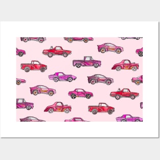 Little Toy Cars in Watercolor on Pink Posters and Art